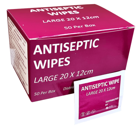 Antiseptic First Aid Wound Wipes 12cm x 20cm Box of 50 Individually Sealed