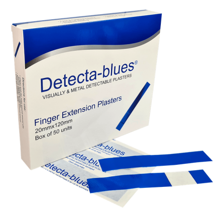 Detecta-Blue, Visual And Metal Detectable Plasters Blue Plasters Finger extension Shape Box 50