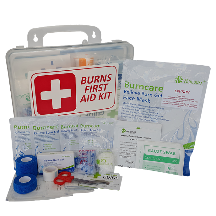 Burn Injury Essentials First Aid Kit Clear Plastic Box Store or Wall Mount