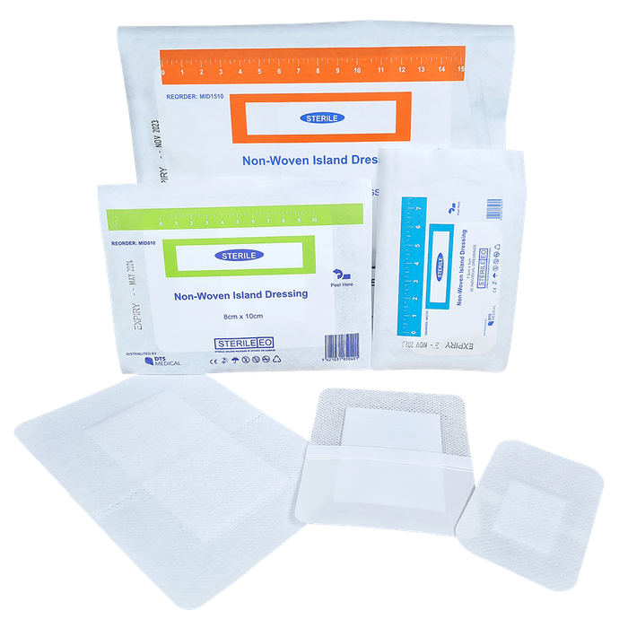 Island Dressing Adhesive Non Woven Pack, Contains 3 of each size dressing Sterile (3 of 7.5x5cm) (3 of 8x10cm) (3 of 10x15cm)