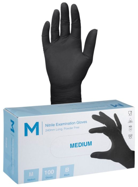 Nitrile Examination Gloves Powder Free - Black, M, 240mm Cuff, 7.0g