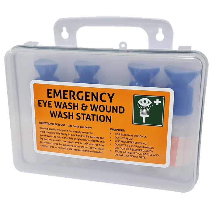 Eye Wash Station 03 Clear Wall Mountable Plastic Box with 4 100ml eye wash ready to use bottles and mirror