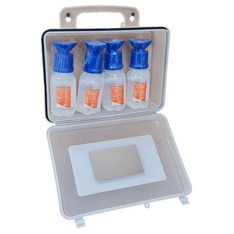 Eye Wash Station 03 Clear Wall Mountable Plastic Box with 4 100ml eye wash ready to use bottles and mirror - Image 2